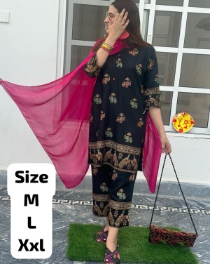 Beautiful print heavy rayon siffon black kurti pajama dupatta